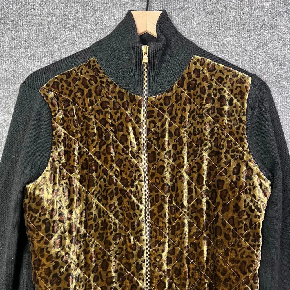 Ralph Lauren Quilted Velvet Leopard Black Wool Cardigan Sweater Jacket Size M - Picture 3 of 8
